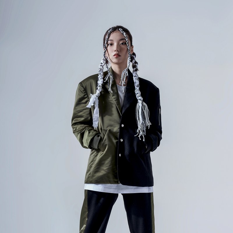 異材質拼接西裝外套 - 女大衣/外套 - 尼龍 綠色