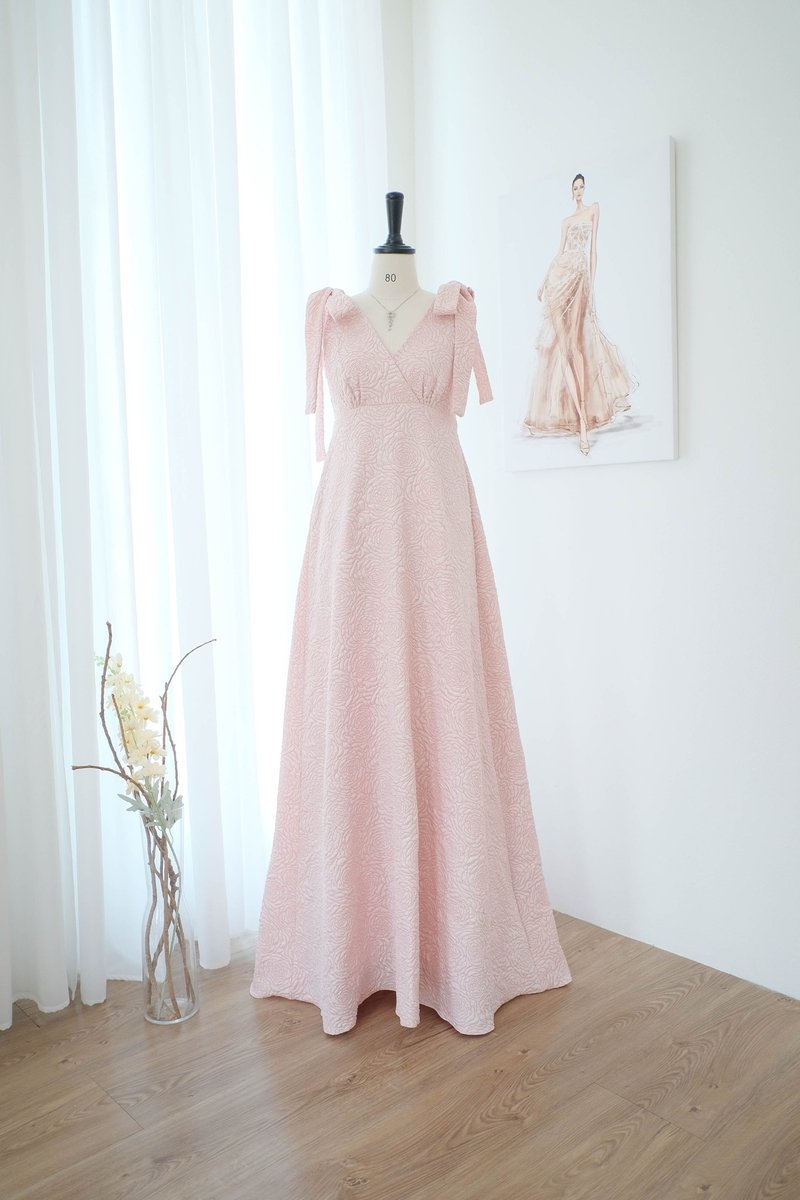 Rose gold pink Jacquard bridesmaid party maxi dress Cocktail Prom wedding dress - Evening Dresses & Gowns - Polyester Pink