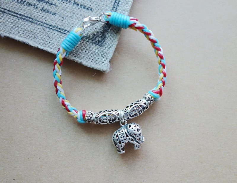 Peace Elephant Baby Bracelet Sterling Silver Silk Wax Line Braided Bracelet / 925 silver bracelet - Bracelets - Other Metals Multicolor