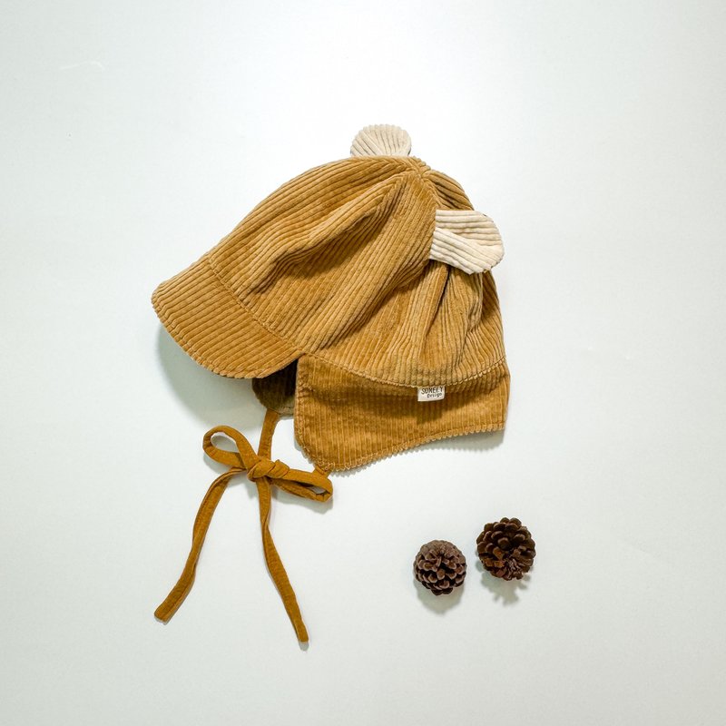 [In stock] Nuan Nuan Bear lives in the chimney | Corduroy strapped Bell flight hat - Baby Hats & Headbands - Cotton & Hemp Khaki