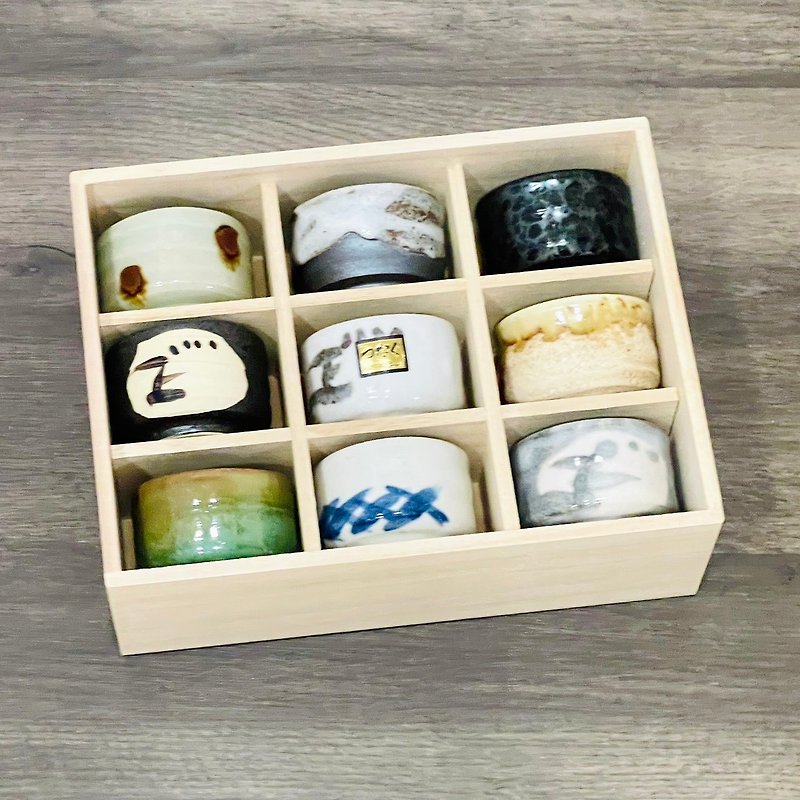 Mino-yaki-Hand-painted retro sake cups 9-piece wooden box gift box - Cups - Pottery Brown