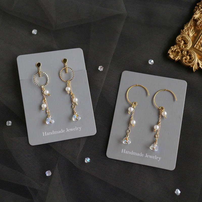 Romantic Semi Gemstone Pearl C Shape Dangle Long Earrings Bridal Secretary Wedding Gift xlx - ต่างหู - เครื่องประดับพลอย ขาว