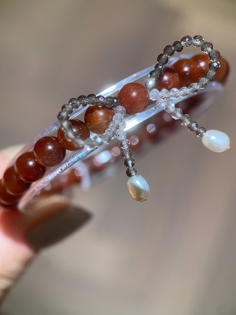 高品紅兔毛水晶+漸變茶晶蝴蝶結 手鏈 客定 - 手鍊/手環 - 水晶 