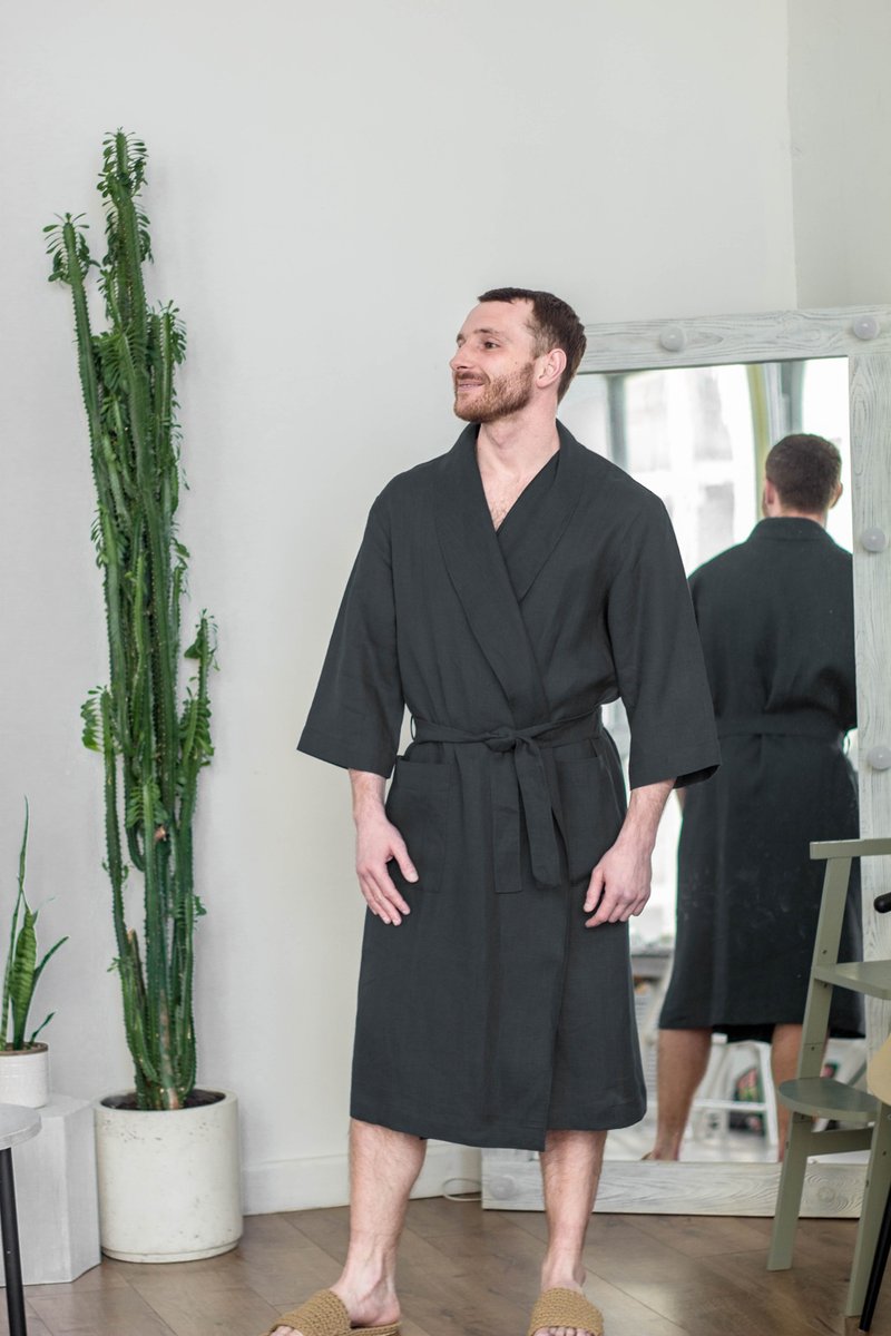 Linen robe for men - Linen dressing gown - 居家服/睡衣 - 亞麻 黑色