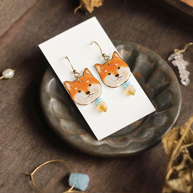 Small animal mini handmade earrings - Shiba Inu Soda can be changed - ต่างหู - เรซิน สีส้ม