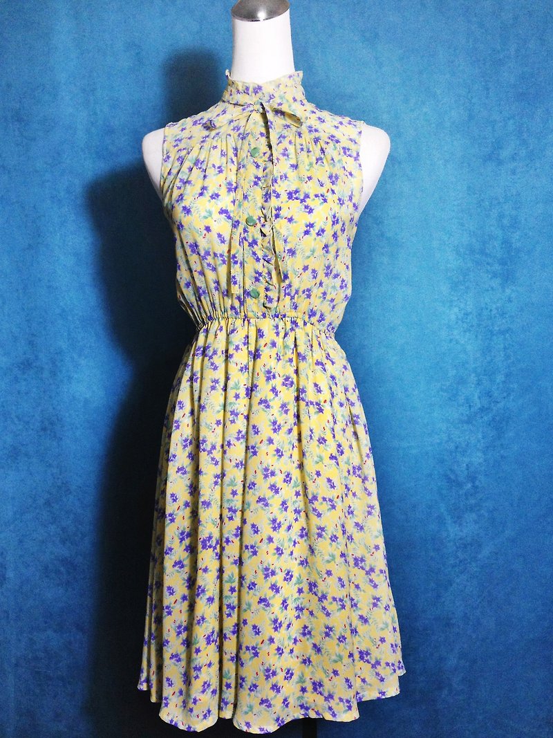 Ping-pong vintage [vintage dress / Nippon collar flounced floral chiffon vintage sleeveless dress] abroad back VINTAGE - ชุดเดรส - เส้นใยสังเคราะห์ สีเหลือง
