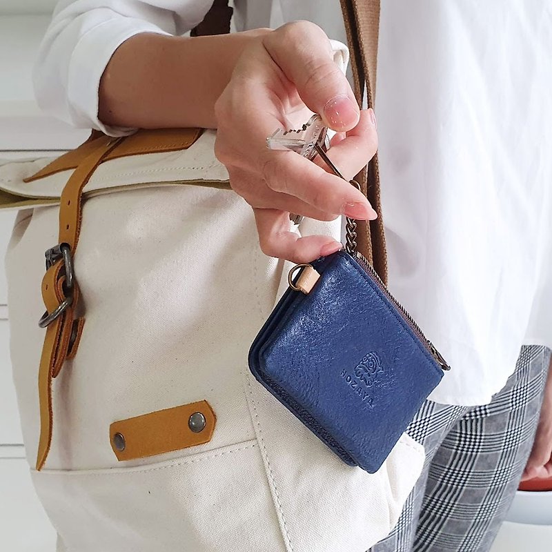 Button bag series vegetable tanned leather easy key bag/coin purse/card holder - กระเป๋าใส่เหรียญ - หนังแท้ สีน้ำเงิน
