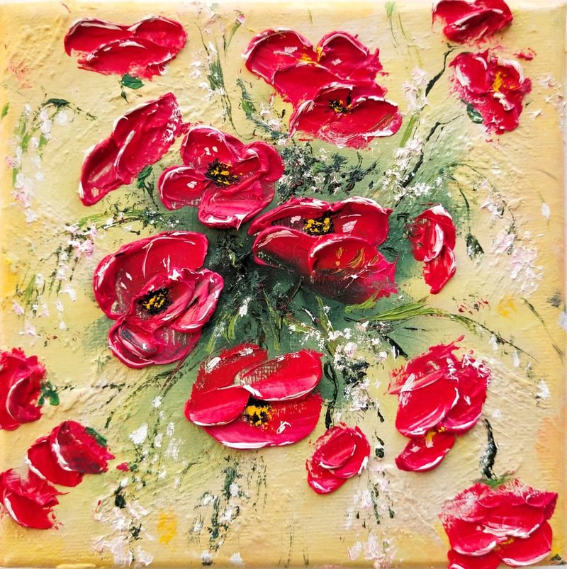 赤いケシの絵の花のオリジナルのアートワーク小さな油絵キャンバス手繪油畫 - ウォールデコ・壁紙 - コットン・麻 多色