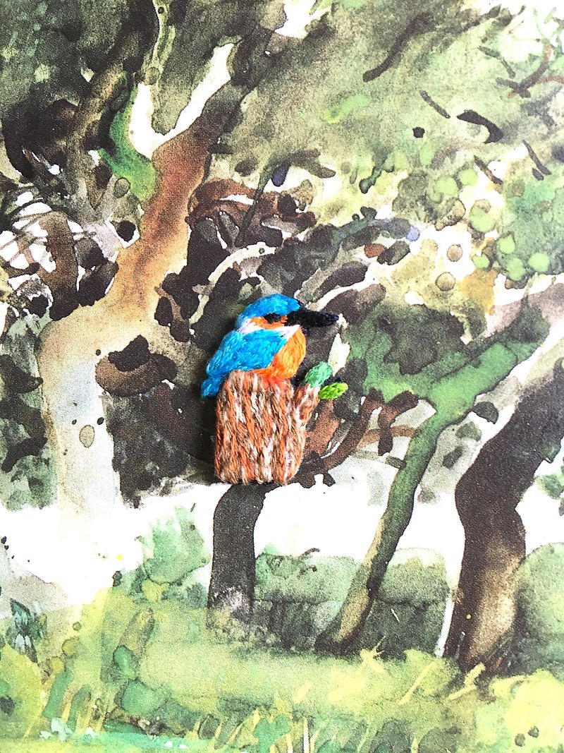 翠鳥  野鳥刺繡胸針 - 胸針 - 繡線 藍色