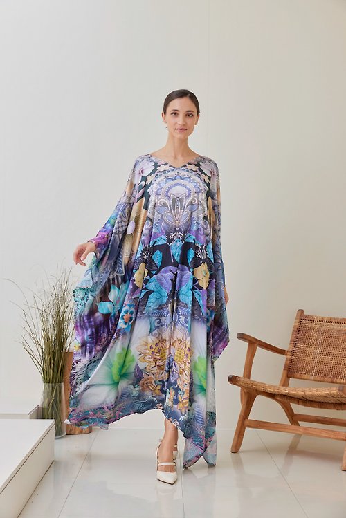 slowsundaynight Blue Kaftan Silk Maxi Dress, Floral Caftan Plus Size, Abstract Vintage Kaftan