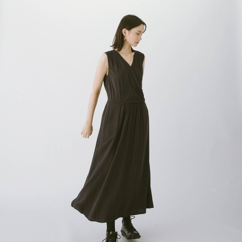 Cross vest long dress - black - ชุดเดรส - ผ้าฝ้าย/ผ้าลินิน สีดำ