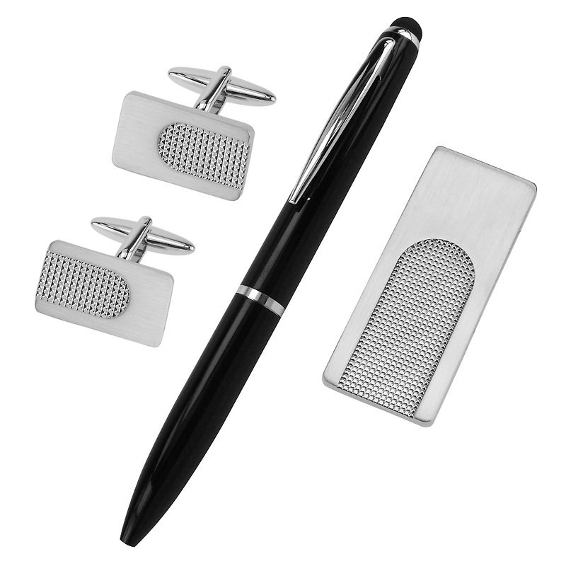 Brushed Silver and Polished Apex Cufflinks Money Clip and Pen Set - Cuff Links - Other Metals Silver