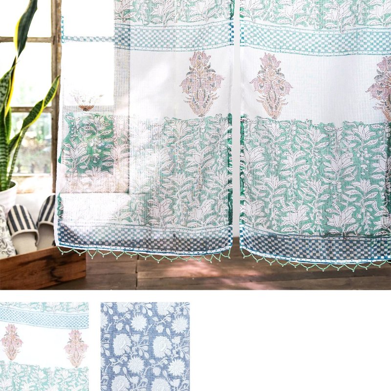 【預訂】印度製 流蘇珠珠淺花紋透光門簾 - 門簾/門牌 - 棉．麻 綠色