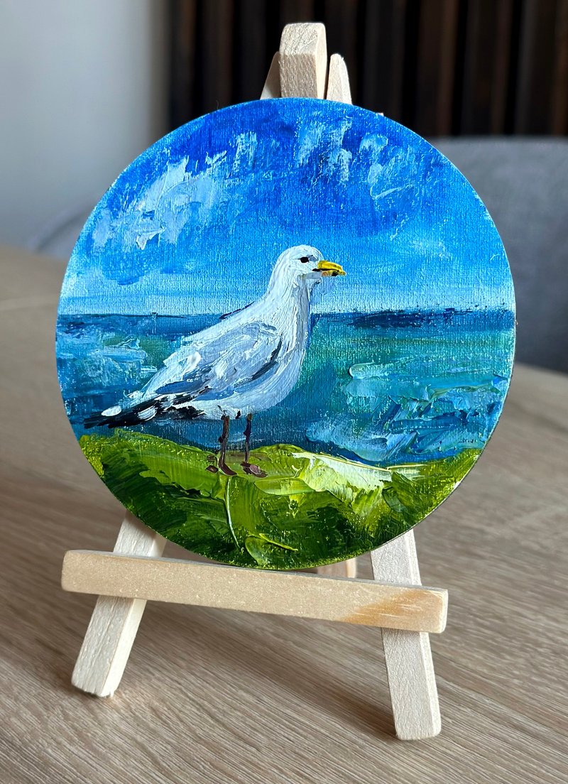 Round Oil Painting with Seagull - 壁貼/牆壁裝飾 - 其他材質 