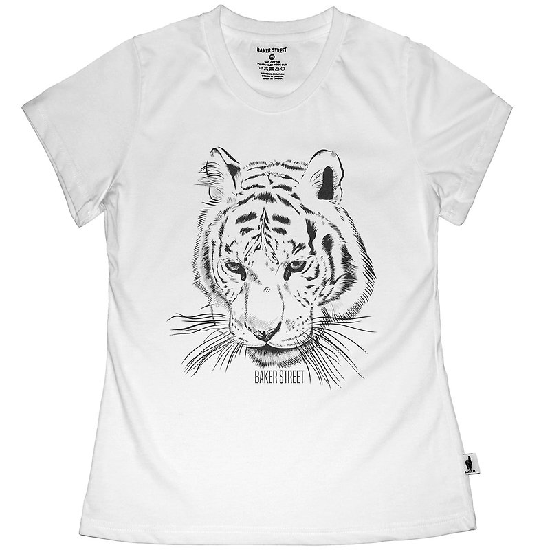 British Fashion Brand -Baker Street- Tiger Printed T-shirt - เสื้อยืดผู้หญิง - ผ้าฝ้าย/ผ้าลินิน ขาว