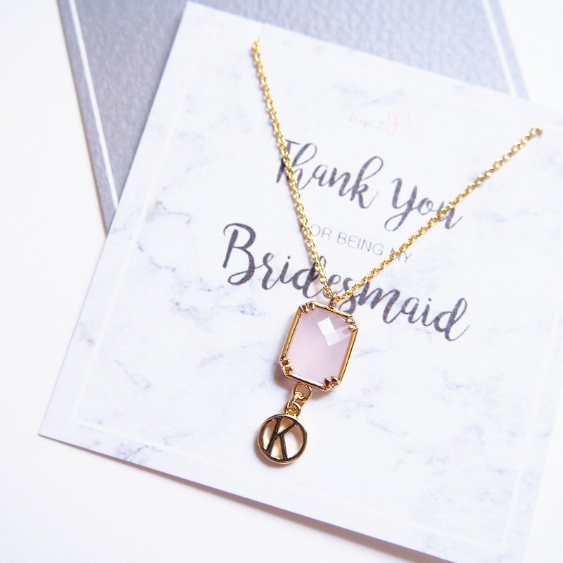 Customized, English alphabet, gold-plated square glass imitation gemstone, gold-plated necklace (45cm pink) - สร้อยติดคอ - โลหะ สึชมพู