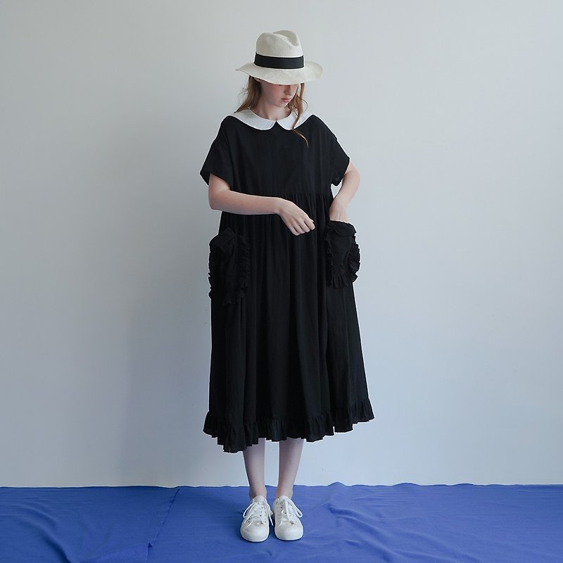 ネイビー襟の黒いドレス - イマココニ - ワンピース - コットン・麻 ブラック