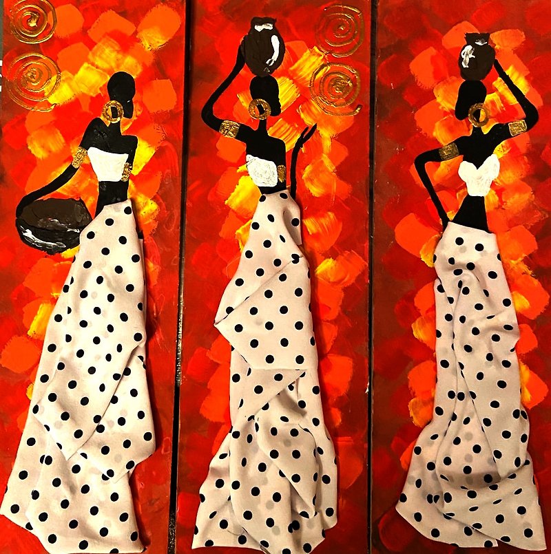 美国女人画黑人女人原创艺术非洲女人墙艺术丙烯画三幅画4×12米 - 掛牆畫/海報 - 紙 白色