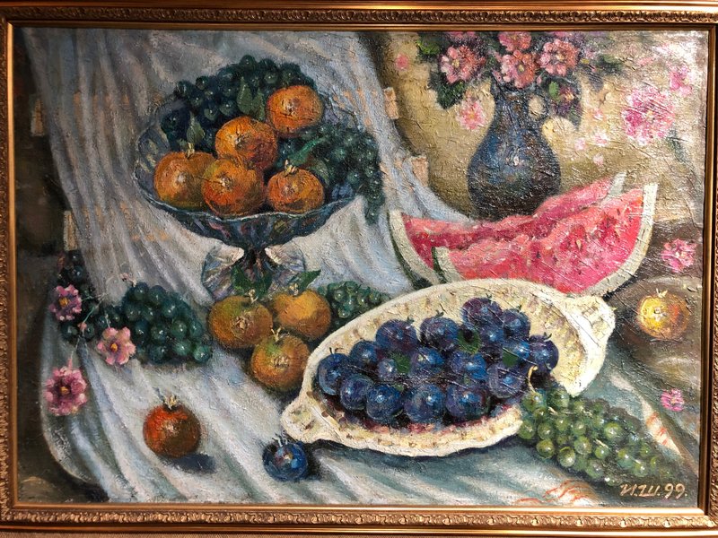 Still Life with Watermelon Original Art Oil on Canvas Painting with Frame - 壁貼/牆壁裝飾 - 棉．麻 多色