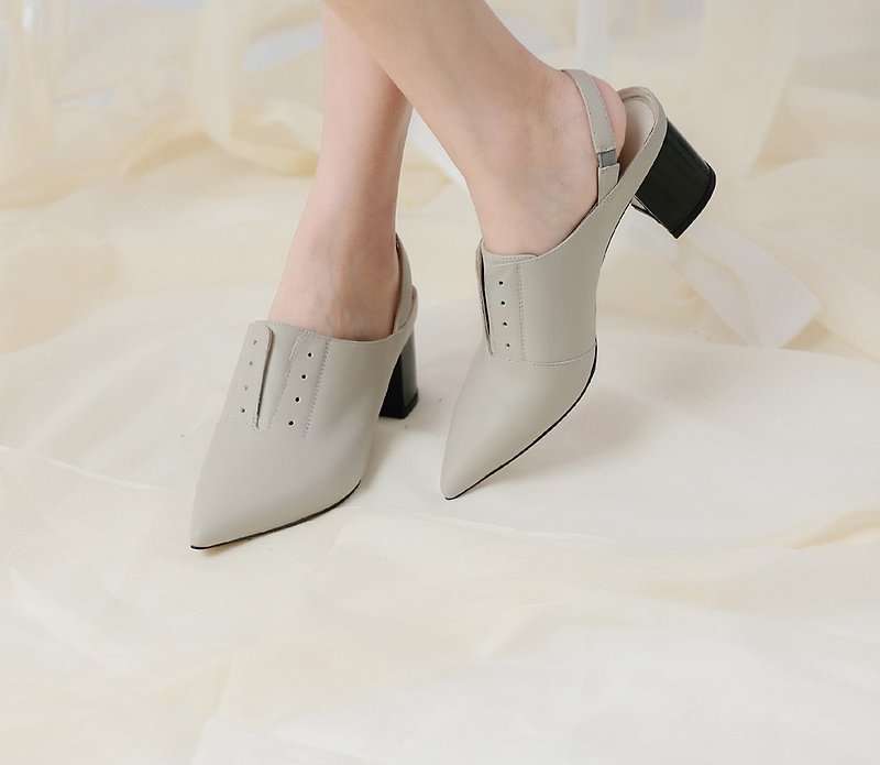 Simple color matching vintage leather heel shoes grey - Women's Leather Shoes - Genuine Leather Gray