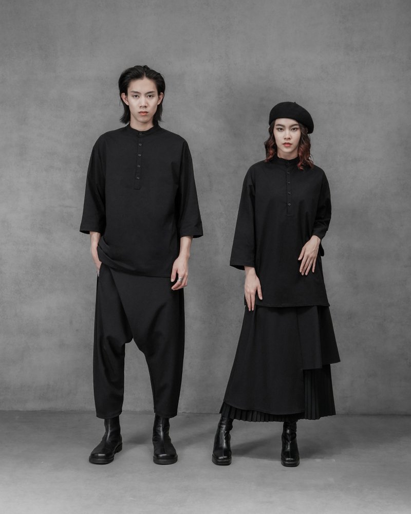 MUKK DESIGN 立領半釦七分袖涼感襯衫 - 男襯衫/休閒襯衫 - 聚酯纖維 黑色