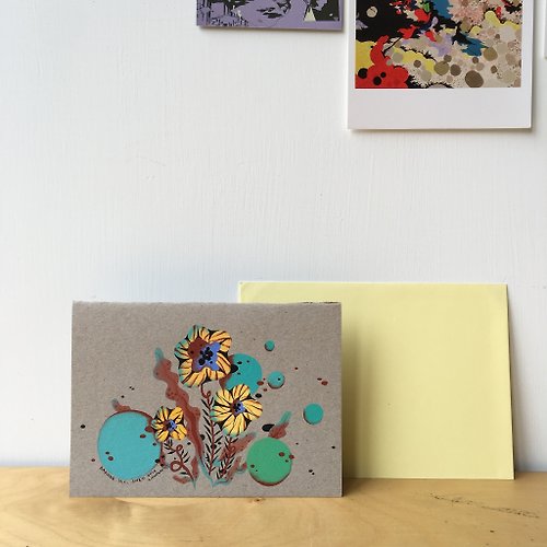 Daphne H.C. Shen 英國手繪卡片 灰底厚紙卡童話波浪葉子黃綠色花朵卡片 生日禮物