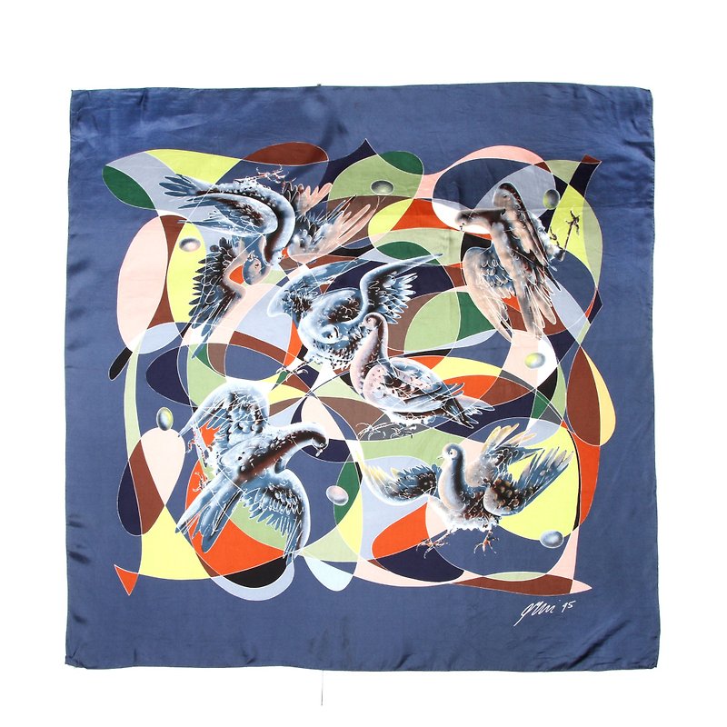 ヴィンテージスカーフを印刷平和、純粋な絹の[カラー]ナスヴィンテージ鳩 - スカーフ - シルク・絹 ブルー