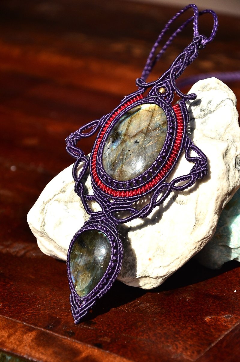 天然水晶-拉長石-手制花邊編織項鍊 - 項鍊 - 寶石 多色