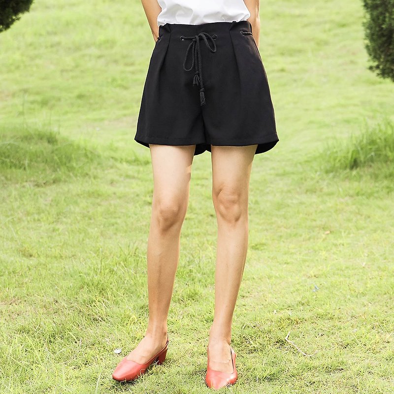 Anne Chen 2017 summer new lady drawstring inverted pants - กางเกงขาสั้น - วัสดุอื่นๆ สีดำ