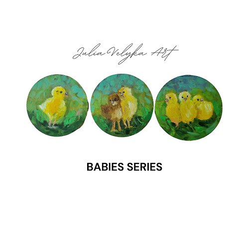 Julia Velyka Art Original Oil Painting Chicks Chickens Impasto Small Round Decor for Nursery