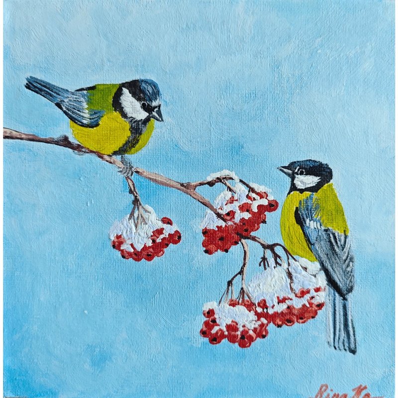 Tits With Rowanberries Original Art Winter Painting Christmas Gift By RinaArtSK - Wall Décor - Other Materials Multicolor