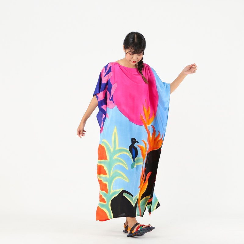 Hand Painted Cotton Silk Kaftan for Summer Resort Vacation - 洋裝/連身裙 - 棉．麻 多色