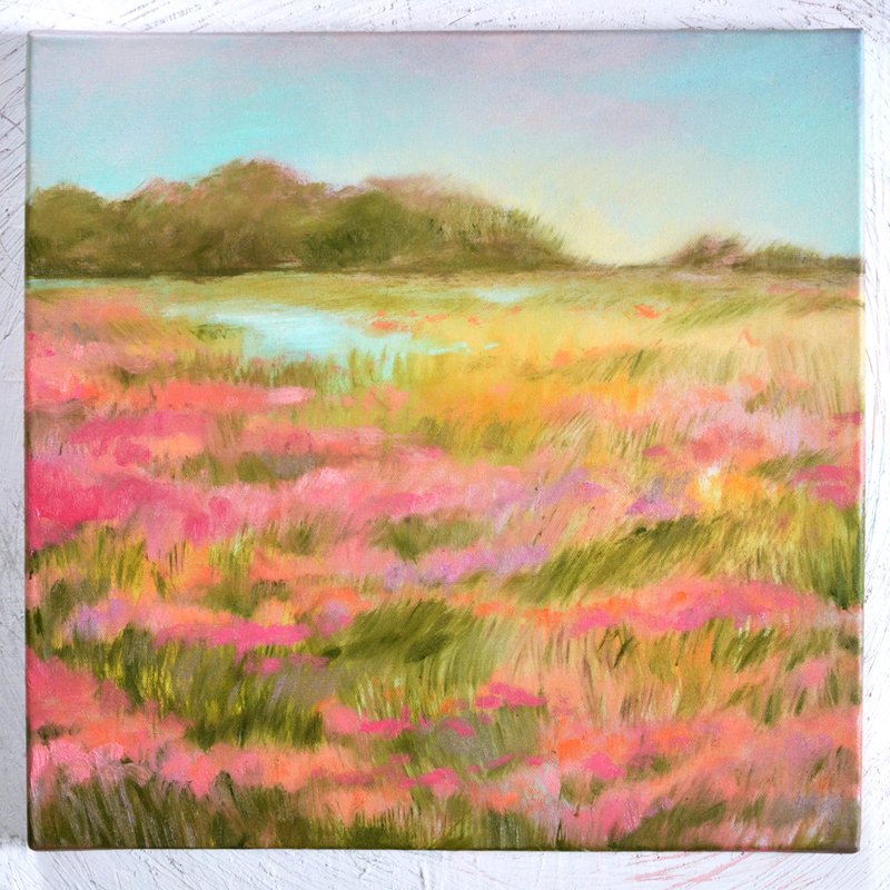 風景油畫布面 40x40 公分盛開的草地 16'x16' 天空藝術 - 插畫/繪畫/寫字 - 其他材質 粉紅色