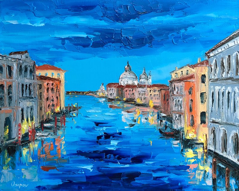 Original Venice Landscape Cityscape Blue Contemporary Sailboats Impasto Artwork - ตกแต่งผนัง - ผ้าฝ้าย/ผ้าลินิน หลากหลายสี