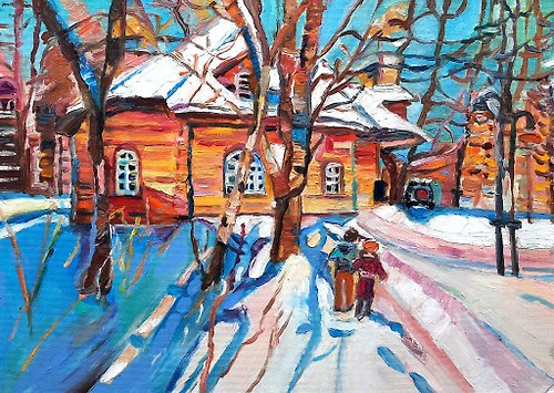 OlgaShelArt Village in a winter Art City Painting Original Art Oil Painting