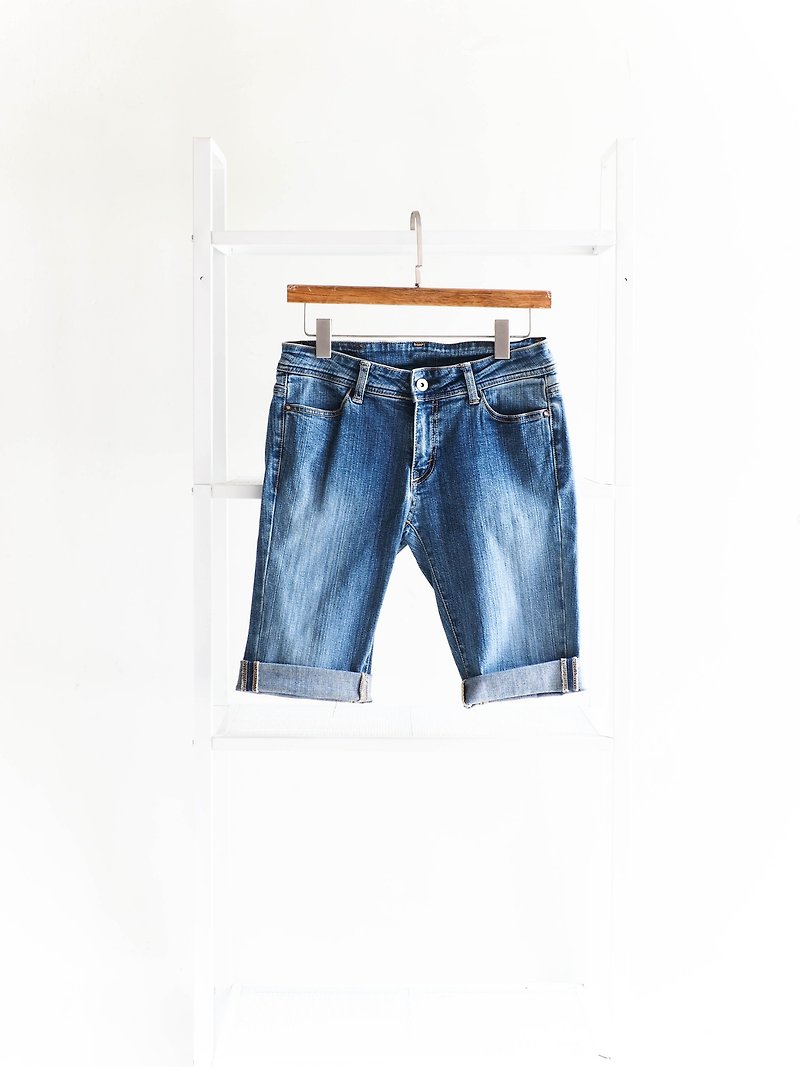 River Water Hill - Lee / W29 Kagawa Classic Sea Blue Quality Cotton Denim Antique Straight Shorts - Women's Pants - Cotton & Hemp Blue