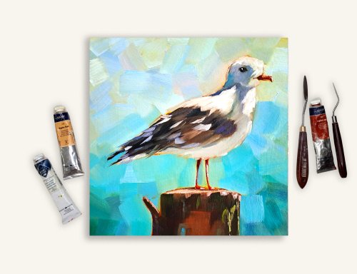 カモメの絵鳥原画 カモメの油絵 動物 小さいアートワーク