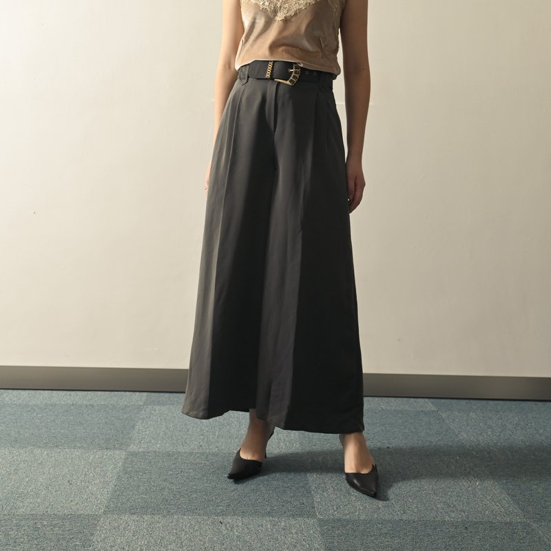 【NaSuBi Vintage】Belt-embellished high-waisted vintage wide pants - กางเกงขายาว - ไฟเบอร์อื่นๆ สีเทา