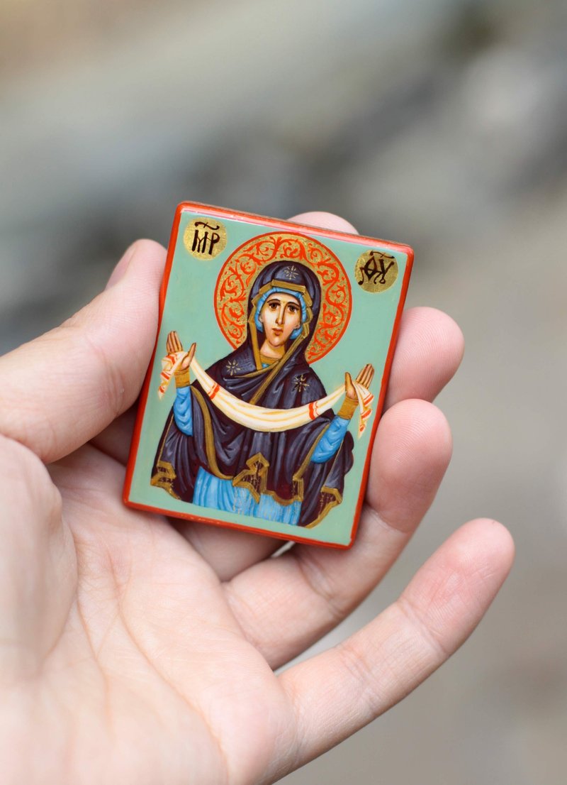 hand painted orthodox christian Virgin Mary icon, miniature religious painting - 其他 - 木頭 綠色