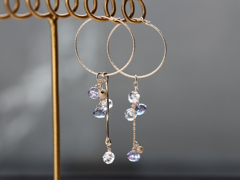 14kgf-mystic topaz asymmetry hoop pierced earrings(can change to clip-on) - 耳環/耳夾 - 寶石 紫色