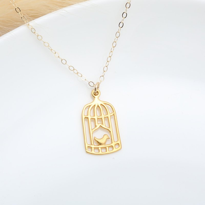 【Angel & Me】Cage and Bird s925 sterling silver 24k gold plated necklace gift - สร้อยคอ - ทอง 24 เค สีทอง