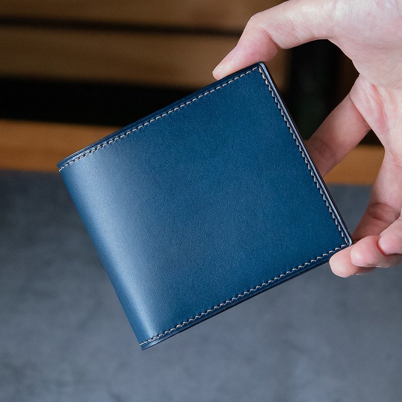 Custom vegetable tanned handmade short clip wallet navy blue/Italia Buttero leather - Wallets - Genuine Leather Blue