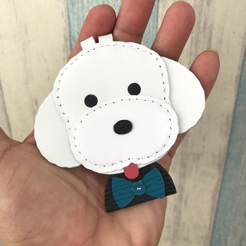 White cute big poodle handmade sewn leather charm small size small size - ที่ห้อยกุญแจ - หนังแท้ ขาว