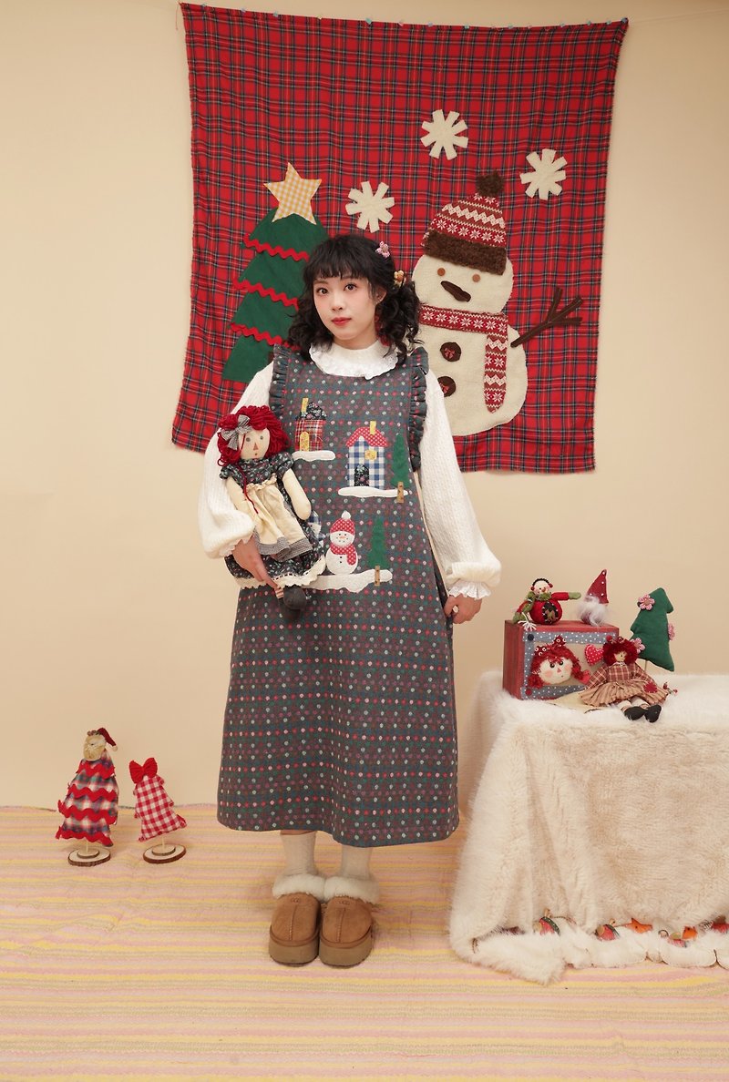 Retro Girly Snowman House Christmas Sundress - ชุดเดรส - วัสดุอื่นๆ สีเทา