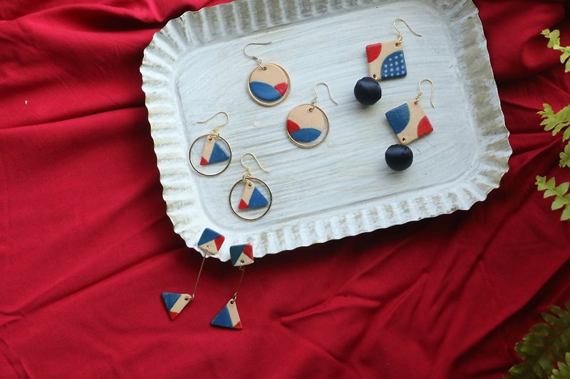 Red and Blue Classic Series Ceramic Earrings Earrings Earrings Sterling Silver - Earrings & Clip-ons - Pottery Blue