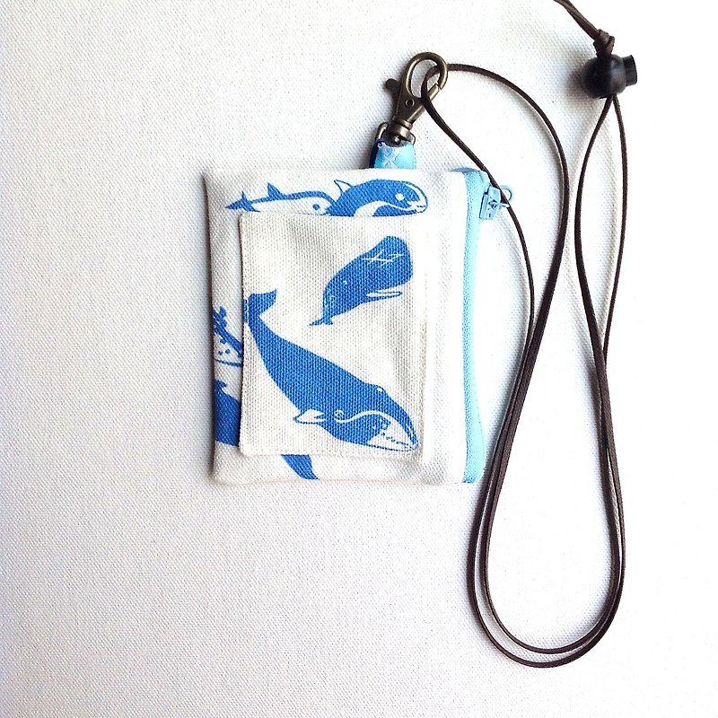 Design No.WD187 - 【Cetacea Print】Card Holder Purses - ที่ใส่บัตรคล้องคอ - ผ้าฝ้าย/ผ้าลินิน สีน้ำเงิน
