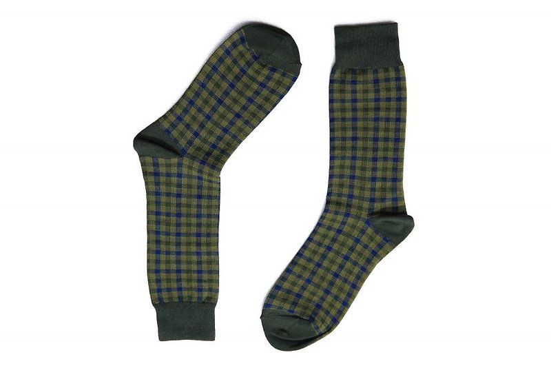 Lin Guoliang Checked Gentleman Socks Olive Green - ถุงเท้าข้อกลาง - ผ้าฝ้าย/ผ้าลินิน สีเขียว