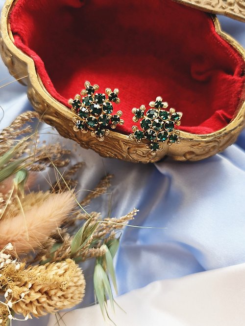Hale黑爾典藏西洋古董 密鑲祖母綠萊茵栓式耳環/復古珠寶首飾vintage西洋古董飾品