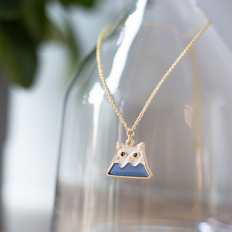 Meow cat Mt Fuiji Cat necklace - สร้อยคอ - วัตถุเคลือบ สีน้ำเงิน