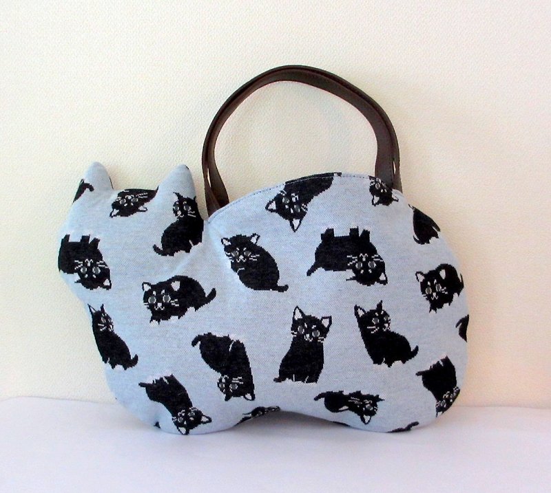Black Cat Neco Bag Light Blue Handle Brown - กระเป๋าถือ - ผ้าฝ้าย/ผ้าลินิน สีเทา